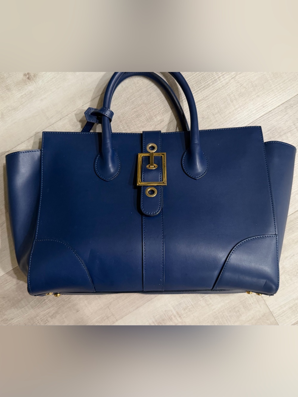 Alberta Di Canio genuine Navy Leather Structured Tote with Gold Buckle